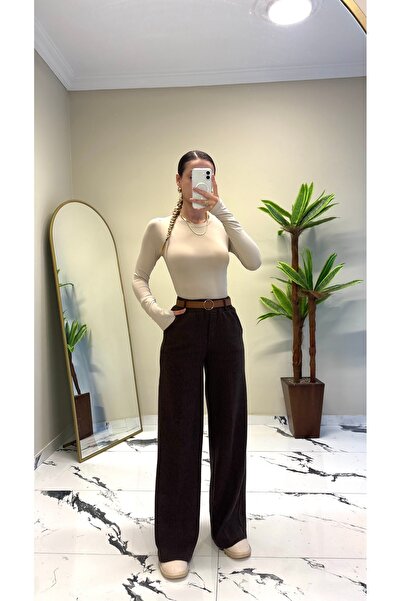 ADELLA BUTİK Kadın Kemerli Lastikli Şık Kışlık Palazzo Kumaş Pantolon