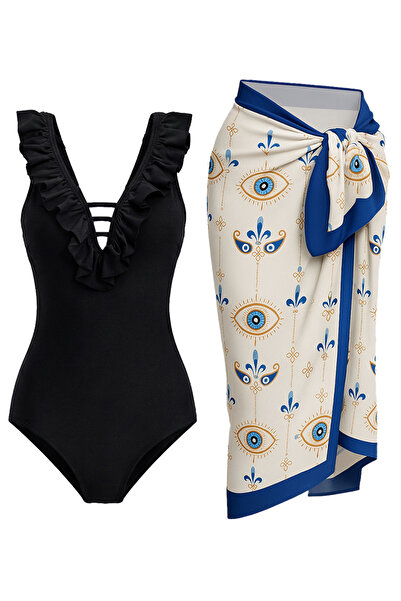 CUPSEA Black Swimsuit with Ruffles on the Front and Evil Eye Bead Pareo 2-Pie...