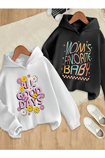 Baxia Girl's Printed Hoodie 2-Pack Pink Beige Black White Color (New Product)