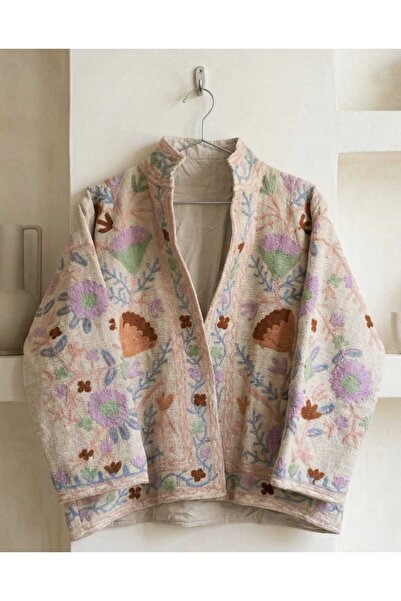 Yoncha Kadın Ceket Nakış Detaylı Dokuma %100 Pamuklu