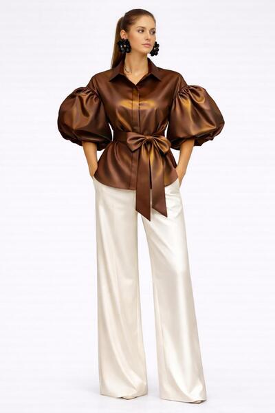 ALYEL NAKER قميص من التفتا مع تفاصيل الأكمام المنتفخة وحزام متنقل