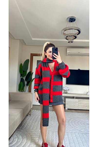 Yasmin Butik Striped Knit Cardigan with Shawl Detail