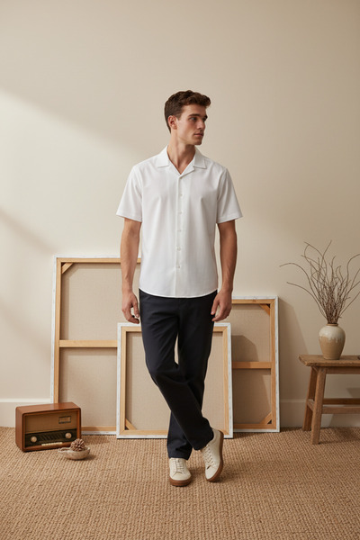 Wonraces Cămașă din bumbac cu mânecă scurtă, cu guler apăsat, confortabilă pe...