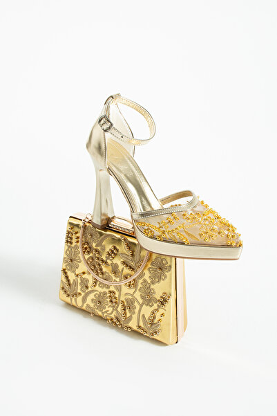 dabab shoes Pearly Gold Shoes Bag Combination Platform 11cm Heels Pearls Band...