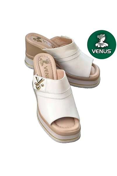 Venüs Yuppiy Genuine Leather Women's Slippers Beige