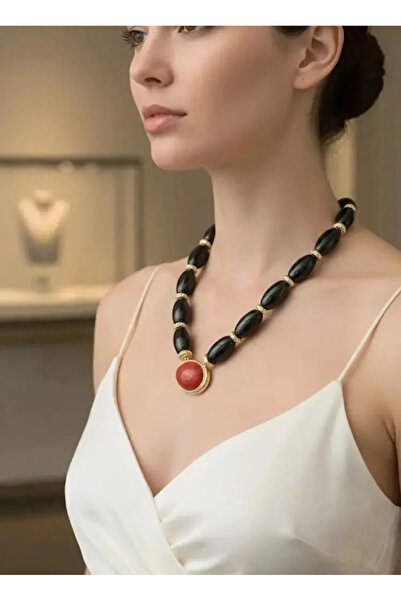 Dorvina Acrylic Bead Necklace Red Black Gold Detailed Special Design Bijouter...