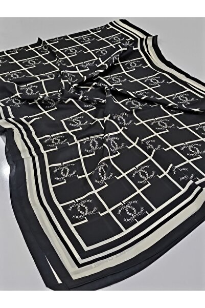 PİRAMİT Vual Silk Shawl with Square Logo Black Off White
