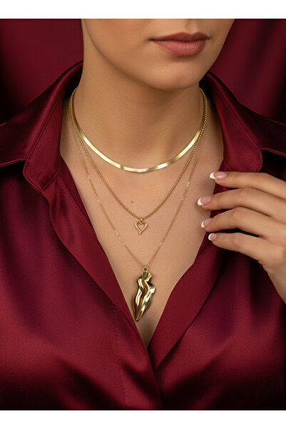 Elmosia Jewelry Gold Renk Çoklu Zincir Kadın Kolye – Minimal Kalp Detaylı & M...