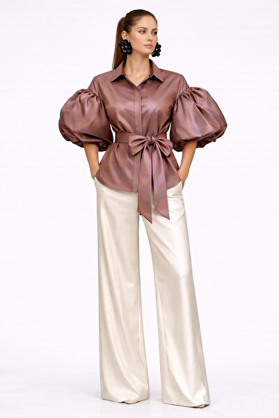 ALYEL NAKER Balloon Sleeve Detailed & Belted Taffeta Shirt