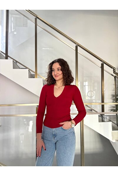 Sude Kızanlıklı Buzzy Fabric V-Neck Long Sleeve Blouse