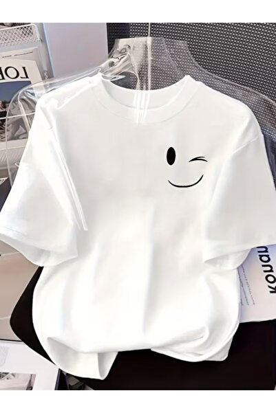 gencerco Tricou unisex cu design cu față zâmbitoare pe două fețe, cu gât rotund, 100% bumbac