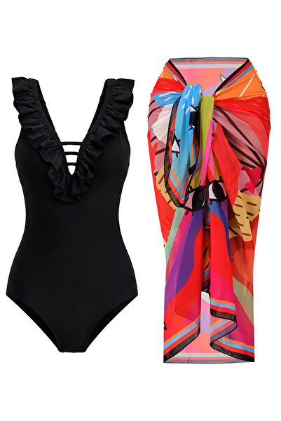 CUPSEA Slimming Effect Ruffled Front Black Swimsuit Rainbow Pareo 2-Piece Set