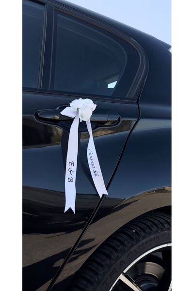 Atolye219 Gelin arabası süsü kapı kolu için 4 adet mini buket ve yazılı kurdele