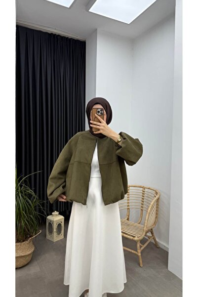 Minharir Kadın Süet Oversize Bomber Ceket – Tesettür Ceket, Fermuarlı, Rahat ...