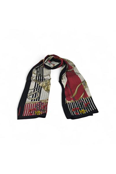 PİRAMİT Vual Silk Shawl Daisy Chain Pattern Red Black