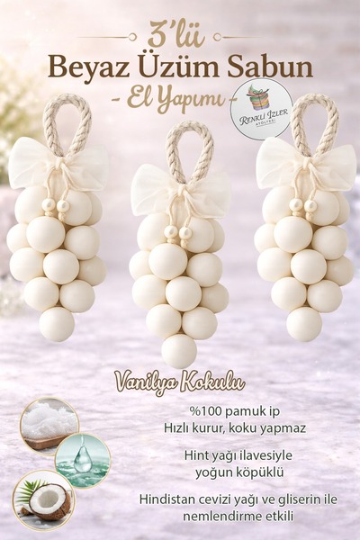 RenkliİzlerAtölyesi صابون العنب الأبيض بالجلسرين (ثلاث قطع) |   صابون يد وحما...