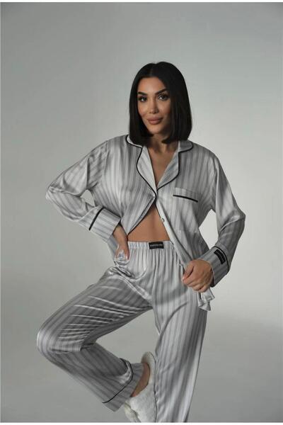 Loraofsilk FN KAHVE ÇİZGİLİ İPEK SATEN PİJAMA TAKIMI