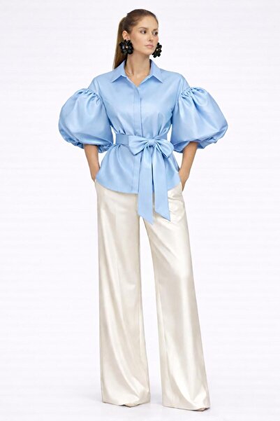 ALYEL NAKER Balloon Sleeve Detailed & Belted Taffeta Shirt