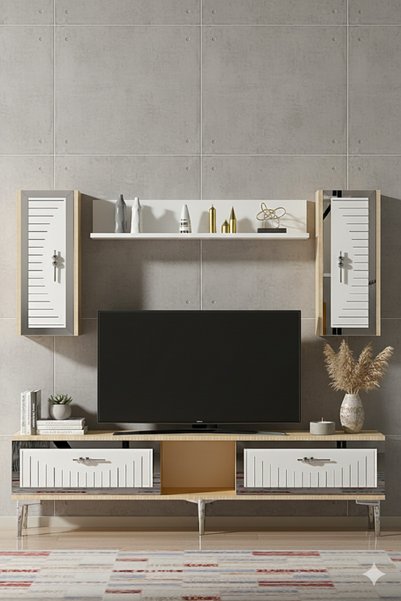 YUMEDİ DESİGN TVR1501DBS - KEREM TV ÜNİTESİ TAKIMI 150CM SAFİRMEŞE-BEYAZ-SİLVER