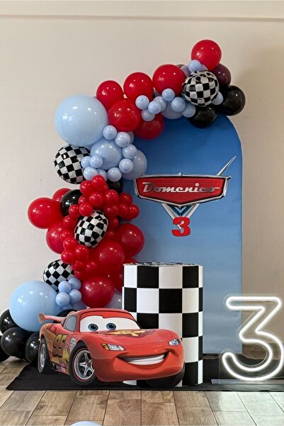 MERİ PARTİ Yarış Arabası Konsept Balon Seti – Damalı Bayraklı Kırmızı Mavi Si...