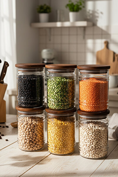 Snippy Roll - 6'lı Ahşap Vakumlu Kapaklı Cam Saklama Kabı Cam Sızdırmaz Kapak...