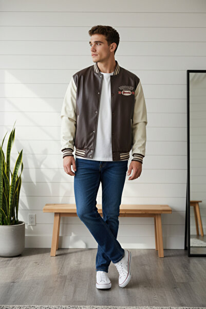 Wonraces Men's Brown Oversized Printed Snap Closure Leather College Jacket