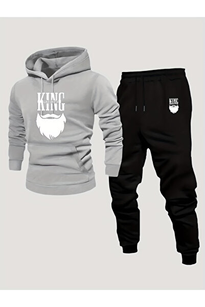 ibibik moda King Printed Hooded Tracksuit Set - Hooded Sweatshirt Bottom Top Set