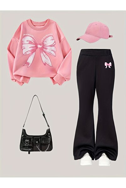 buendiakids Kız Çocuk Pembe-Siyah\Parlak Kurdele Baskılı Bisiklet Yaka İspany...