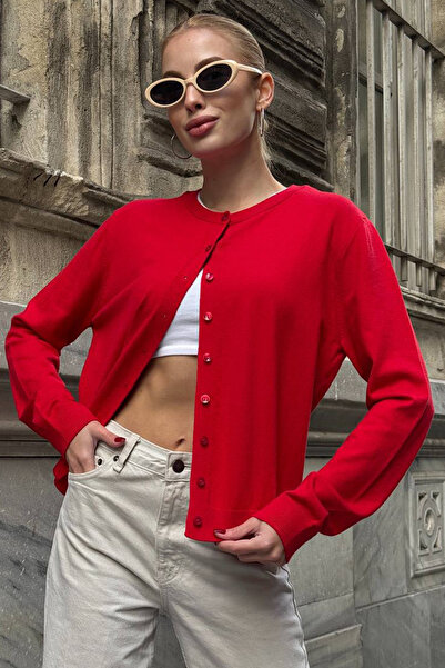 bacc Women's Red Crew Neck Buttoned Knitwear Cardigan Bchzck-251267
