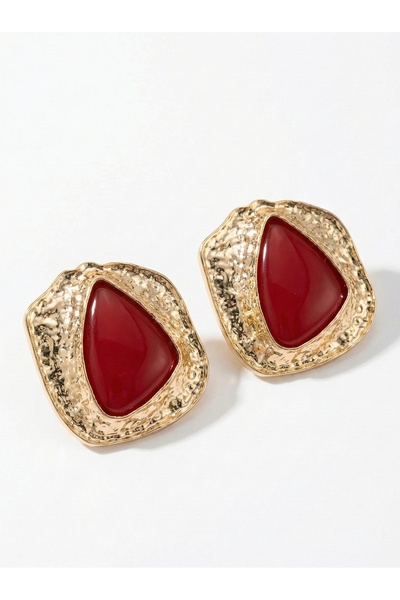 Snartun Damla Form Organic Framed Burgundy Stone Gold Color Women's Earrings