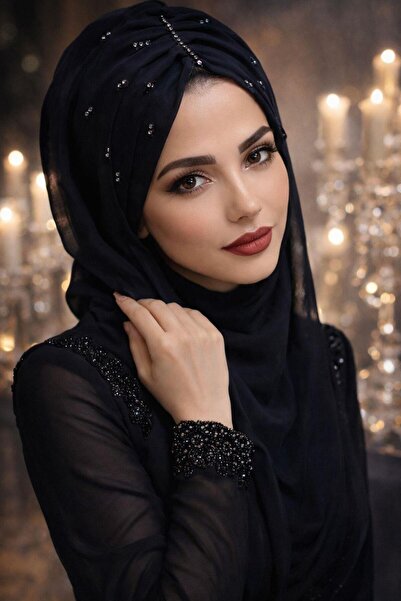 Aişe tesettür Siyah Taş Detaylı Abiye Şal