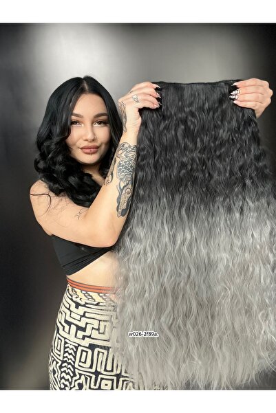 Suzan Peruk Siyah Gri Kıvırcık Yarımay +2 yan çıtçıt saç ^3 parça tam set-Fön...