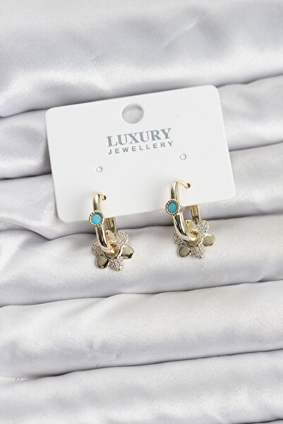 blackpure Blue Stone Detailed Brass Gold Color Women's Migrant Earrings