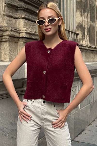 bacc Women's Burgundy Double Pocket Gold Button Soft Vest Blouse Bchzck-251262