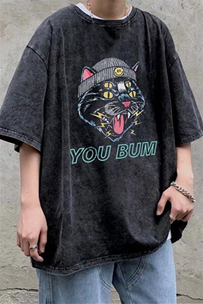 Le Savu Washable You Bum Cat Printed Unisex Oversized Vintage T-Shirt