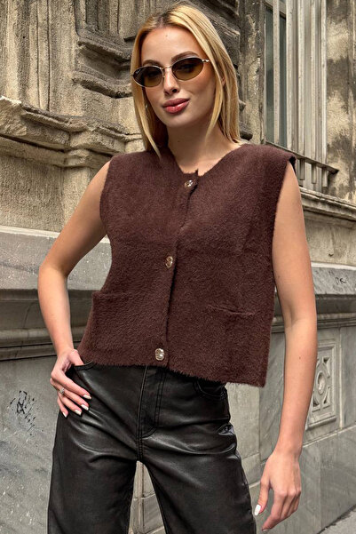 bacc Women's Bitter Brown Double Pocket Gold Button Soft Vest Blouse Bchzck-2...