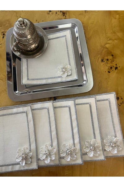 MİNOZA 6 قطع من مناديل تقديم الكوكتيل والقهوة المصنوعة من قماش الكتان المطرز ...