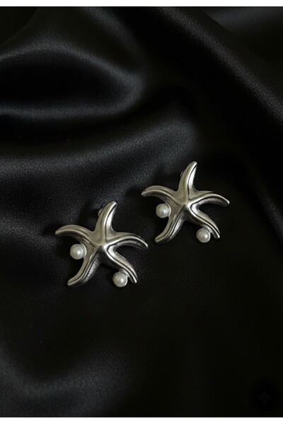 KANERUZ Silver Color Starfish Metal Pearl Earrings (Product Size 4 cm)