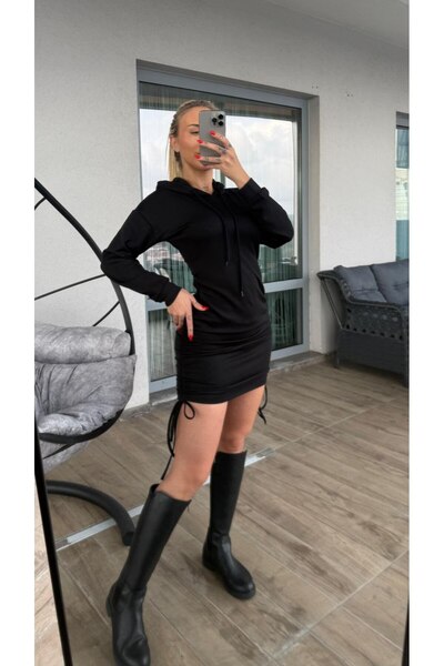 Fav Style Women's Hooded Skirt Shirred Long Sleeve Mini Dress Black