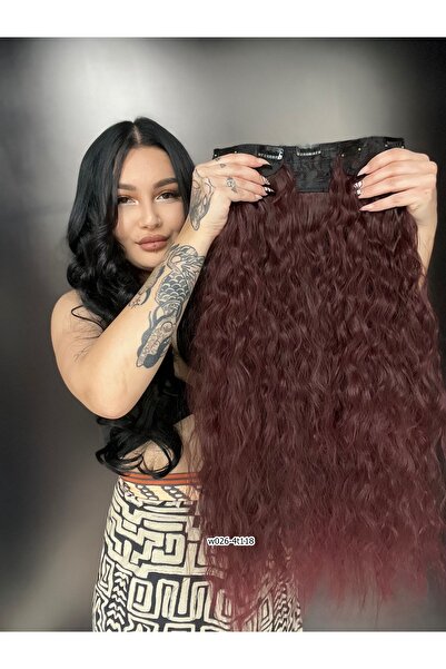 Suzan Peruk Koyu Kızıl Kıvırcık Yarımay +2 yan çıtçıt saç ^3 parça tam set-Fö...