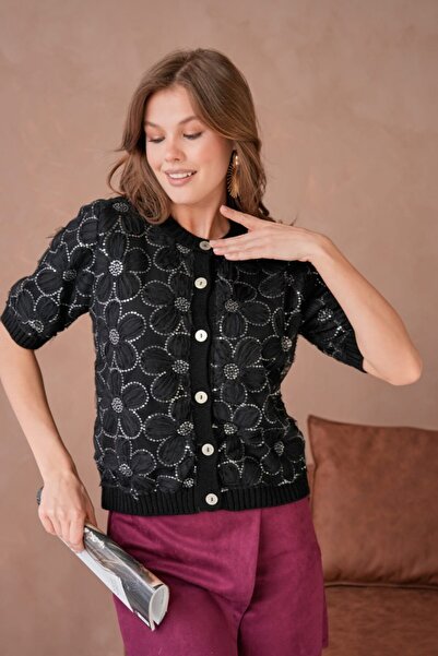 ROBAS KADIN BİSİKLET YAKA TÜLLÜ ÇİÇEKLİ KISA KOLLU ORGANZE TRİKO HIRKA