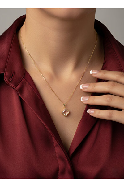 Elmosia Jewelry Gold Beyaz Taşlı Yonca Kolye – 14K Altın Kaplama, Kararmaz, Ş...