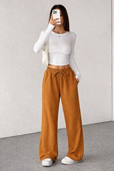 Le Vion Kadın Kışlık Kalın İçi Yünlü Oversize Kahverengi Bol Paça Pantolon Eş...