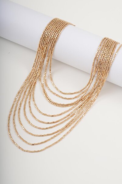 Velsha Gold Renk Çoklu Dizi Gerdanlık Kolye - Işıltılı Küp Zincir Kombin