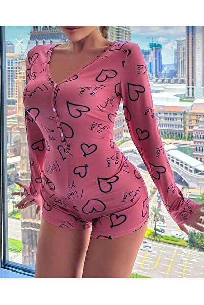 Melamour Uzun Kollu Desenli Şort Pijama Tulum