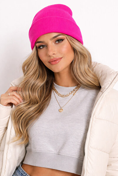 Nisa Beretă tricotată pliată roz pentru femei – Beretă de iarnă elegantă și c...