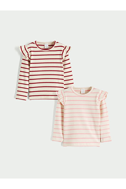 LC Waikiki LCW baby Ekru Bisiklet Yaka Fırfırlı Çizgili Kız Bebek Tişört 2'li
