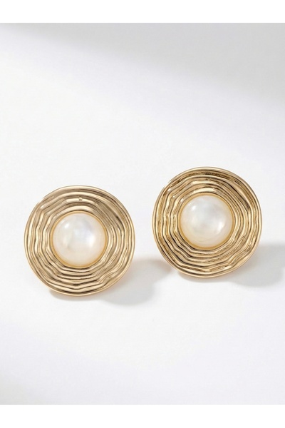 Snartun Gold Textured Round Pearl Look Women's Earrings I Special Boxed