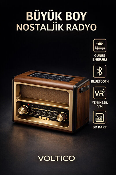 Voltico Büyük Boy Nostaljik Güneş Enerjili Ahşap Radyo Bluetooth Kablosuz Öze...