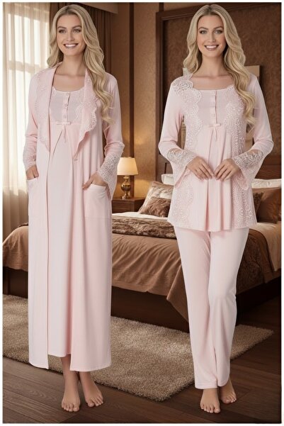 Lohusa Homewear Women's Powder Shawl Collar Long Dressing Gown Lace Stylish M...